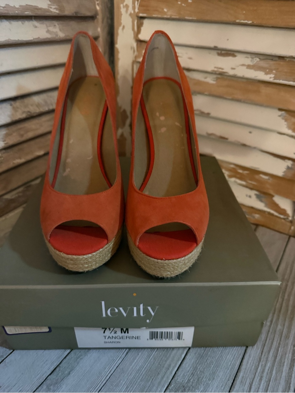 levity Orange Suede Peep-Toe Espadrille Wedges